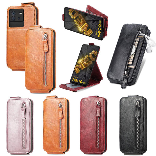 For vivo iQOO Neo 6 Zipper Wallet Vertical Flip Leatherette Phone Case(Black)
