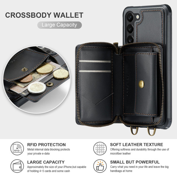 For Samsung Galaxy S23+ 5G JEEHOOD C22 Series Zipper Wallet Leatherette Phone Case with Dual Lanyard(Black)