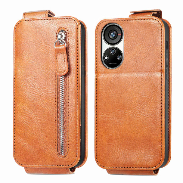 For ZTE Blade V40s Zipper Wallet Vertical Flip Leather Phone Case(Brown)