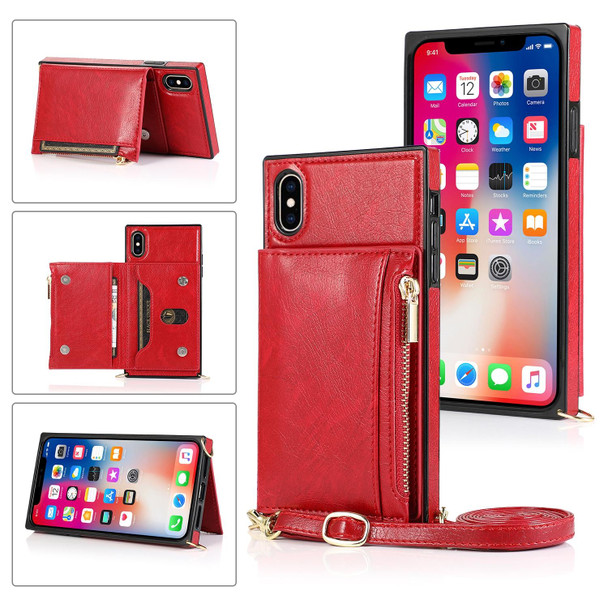 Square Zipper Wallet Bag TPU+PU Back Cover Case with Holder & Card Slots & Wallet & Cross-body Strap - iPhone XS Max(Red)