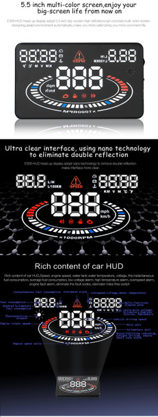 E300 5.5 inch Car OBDII / EUOBD HUD Vehicle-mounted Head Up Display Security System, Support Speed & Fuel Consumption, Overspeed Alarm,  Fuel Consumption, Water Temperature, etc.(Black)