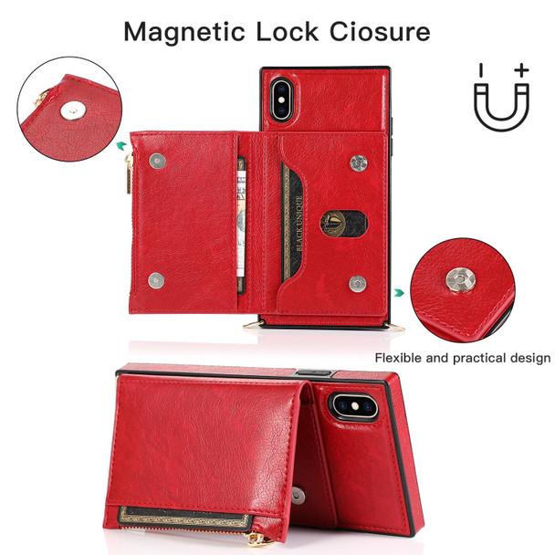 Square Zipper Wallet Bag TPU+PU Back Cover Case with Holder & Card Slots & Wallet & Cross-body Strap - iPhone XS / X(Red)