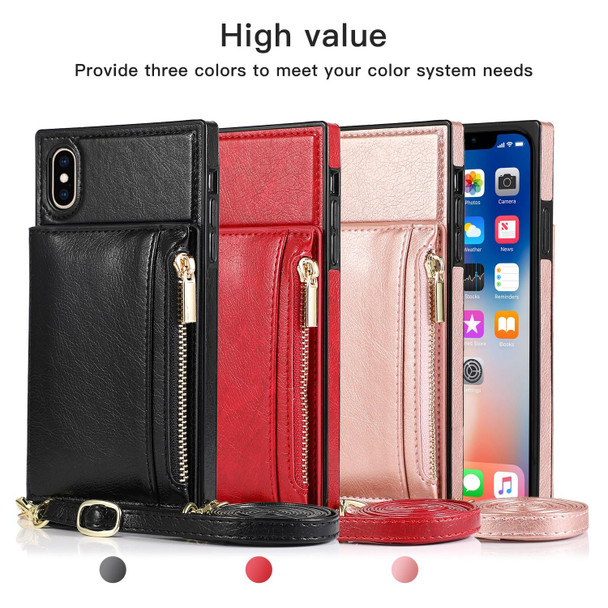 Square Zipper Wallet Bag TPU+PU Back Cover Case with Holder & Card Slots & Wallet & Cross-body Strap - iPhone XS / X(Black)