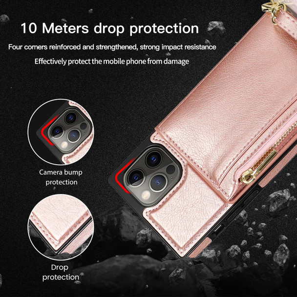 Square Zipper Wallet Bag TPU+PU Back Cover Case with Holder & Card Slots & Wallet & Cross-body Strap - iPhone 12 / 12 Pro(Rose Glod)