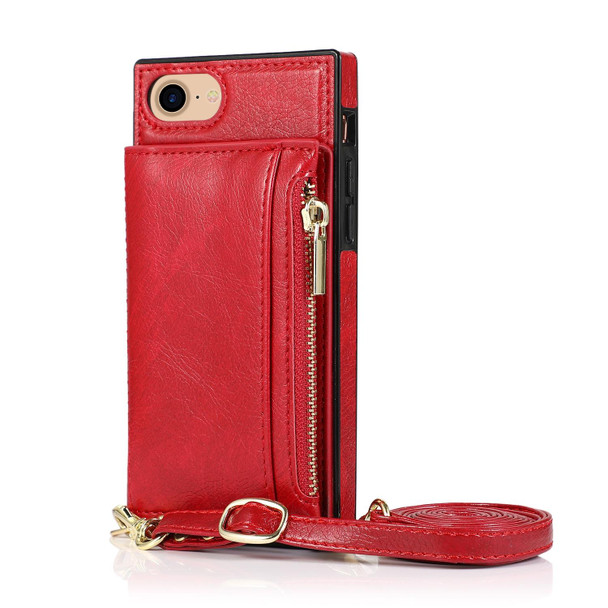 Square Zipper Wallet Bag TPU+PU Back Cover Case with Holder & Card Slots & Wallet & Cross-body Strap - iPhone SE 2022 / SE 2020 / 8 / 7(Red)