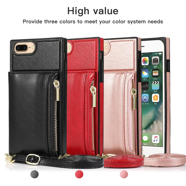 Square Zipper Wallet Bag TPU+PU Back Cover Case with Holder & Card Slots & Wallet & Cross-body Strap - iPhone 8 Plus / 7 Plus(Black)