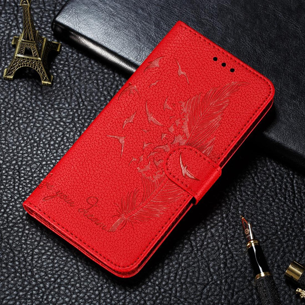 Feather Pattern Litchi Texture Horizontal Flip Leatherette Case with Wallet & Holder & Card Slots - iPhone SE 2022 / SE 2020 / 8 / 7(Red)