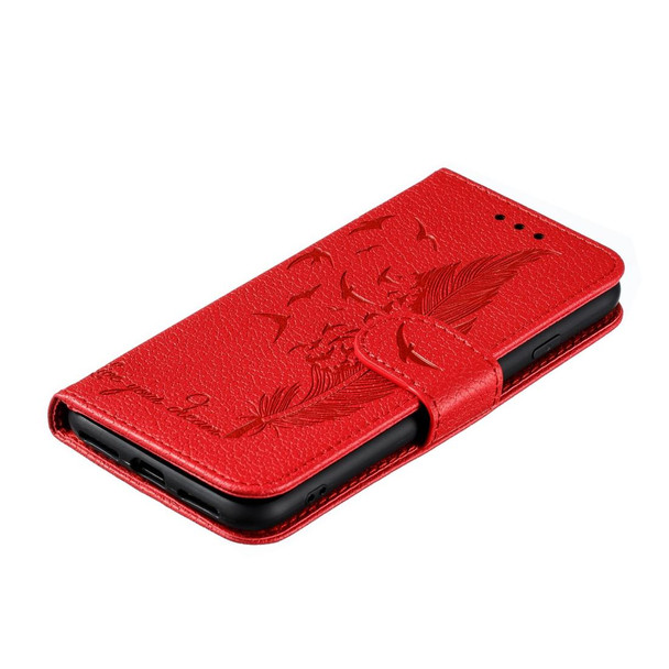 Feather Pattern Litchi Texture Horizontal Flip Leatherette Case with Wallet & Holder & Card Slots - iPhone SE 2022 / SE 2020 / 8 / 7(Red)