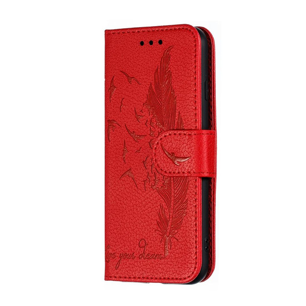 Feather Pattern Litchi Texture Horizontal Flip Leatherette Case with Wallet & Holder & Card Slots - iPhone SE 2022 / SE 2020 / 8 / 7(Red)