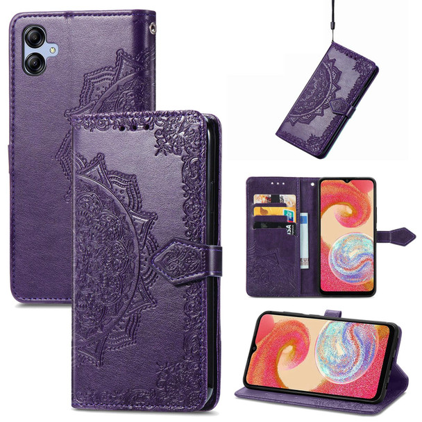 For Samsung Galaxy A04e Mandala Flower Embossed Leatherette Phone Case(Purple)