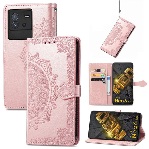 For vivo iQOO Neo 6 Mandala Flower Embossed Leatherette Phone Case(Rose Gold)