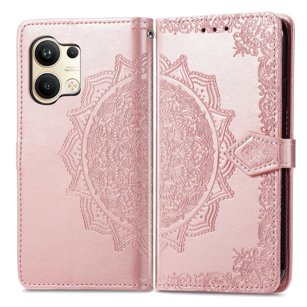 For OPPO Reno9 Mandala Flower Embossed Leatherette Phone Case(Rose Gold)