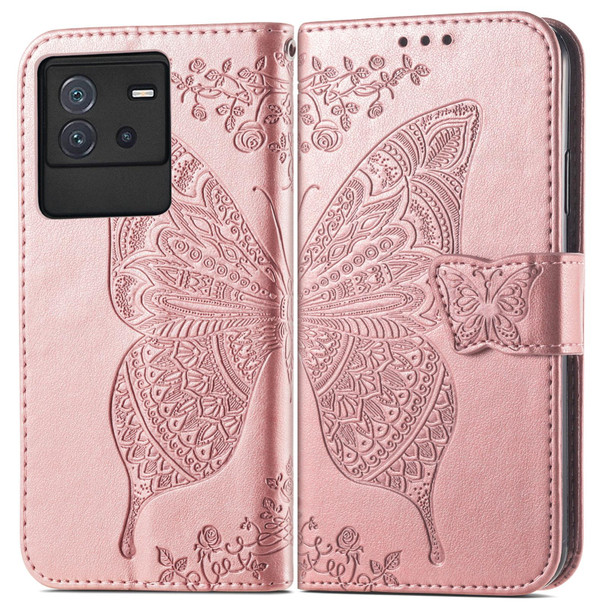 For vivo iQOO Neo 6 Butterfly Love Flower Embossed Leatherette Phone Case(Rose Gold)