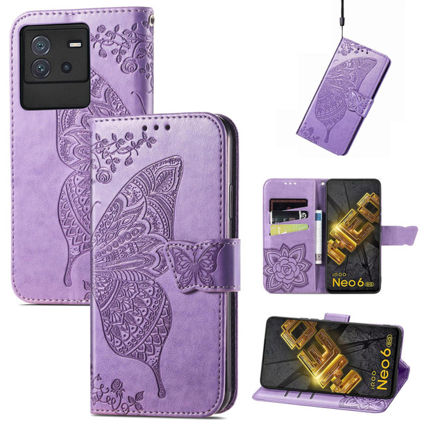 For vivo iQOO Neo 6 Butterfly Love Flower Embossed Leatherette Phone Case(Lavender)