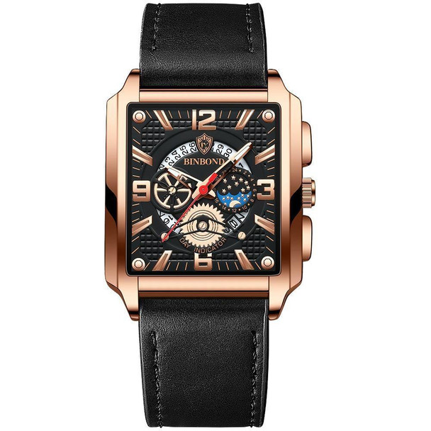 BINBOND B6575 Men Vintage Square Multifunctional Luminous Quartz Watch, Color: Black Leatherette-Rose Gold-Black