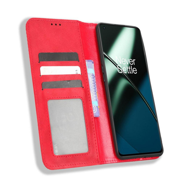 For OnePlus 11 5G Magnetic Buckle Retro Texture Leatherette Phone Case(Red)