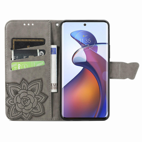 For Motorola Edge 30 Fusion Butterfly Love Flower Embossed Flip Leatherette Phone Case(Gray)