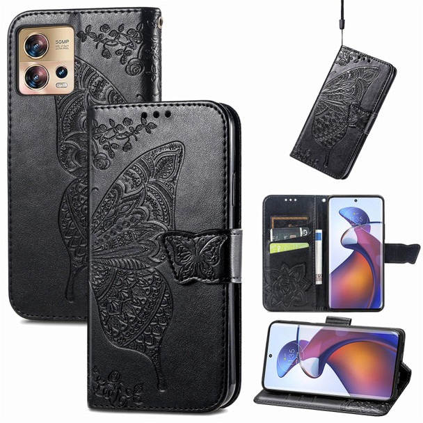 For Motorola Edge 30 Fusion Butterfly Love Flower Embossed Flip Leatherette Phone Case(Black)