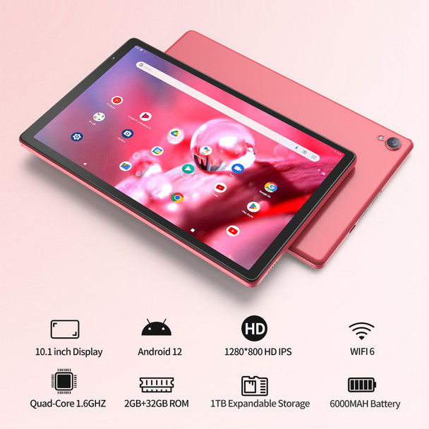 D10A 10.1 inch Tablet PC, 2GB+32GB, Android 12 Allwinner A133 Quad Core CPU, Support WiFi 6 / Bluetooth, Global Version with Google Play, US Plug (Red)