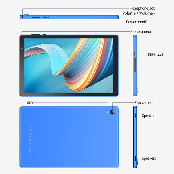 D10A 10.1 inch Tablet PC, 2GB+32GB, Android 12 Allwinner A133 Quad Core CPU, Support WiFi 6 / Bluetooth, Global Version with Google Play, US Plug (Blue)