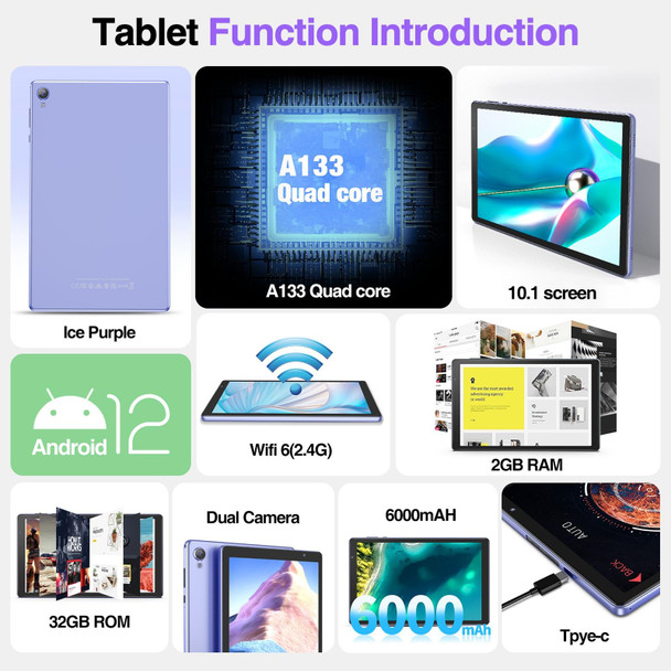 D10A 10.1 inch Tablet PC, 2GB+32GB, Android 12 Allwinner A133 Quad Core CPU, Support WiFi 6 / Bluetooth, Global Version with Google Play, US Plug (Purple)