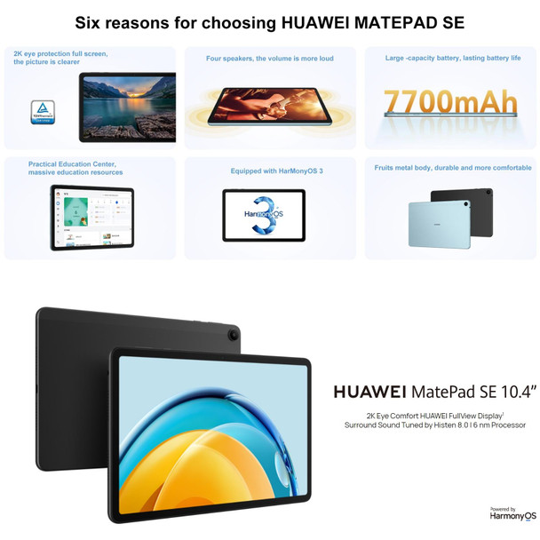 HUAWEI MatePad SE, 10.4 inch, 6GB+128GB, HarmonyOS 3 Qualcomm Snapdragon 680 Octa Core, Support Dual WiFi / BT, Network: 4G, Not Support Google Play(Black)
