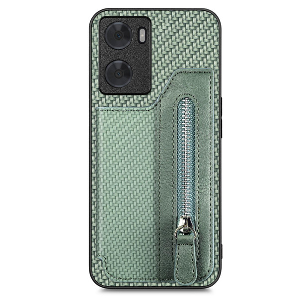 For OPPO A57 4G Carbon Fiber Flip Zipper Wallet Phone Case(Green)