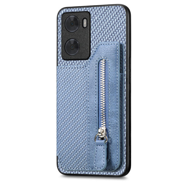 For OPPO A57 4G Carbon Fiber Flip Zipper Wallet Phone Case(Blue)