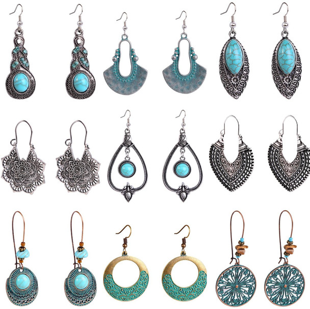 E1911-9 Turquoise Ethnic Style Earrings Temperament Simple Vintage Earrings