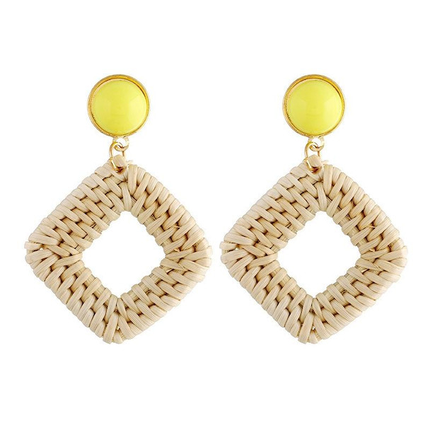 E2002-3 Yellow Frame Bamboo Vine Handmade Woven Earrings Bosomia Style Earrings