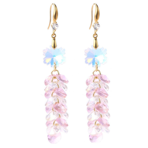 E2204-5 Pink Transparent Scattered Natural Crystal Handmade Earrings Zircon Long Earrings