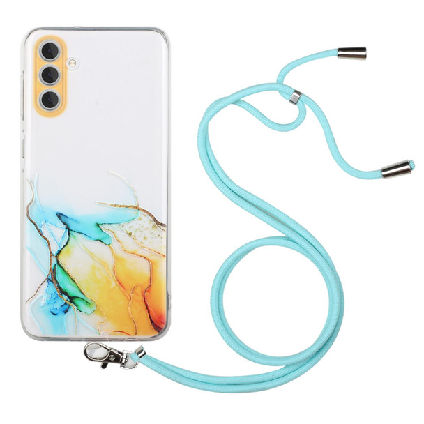 For Samsung Galaxy A34 5G Hollow Marble Pattern TPU Shockproof Phone Case with Neck Strap Rope(Yellow)