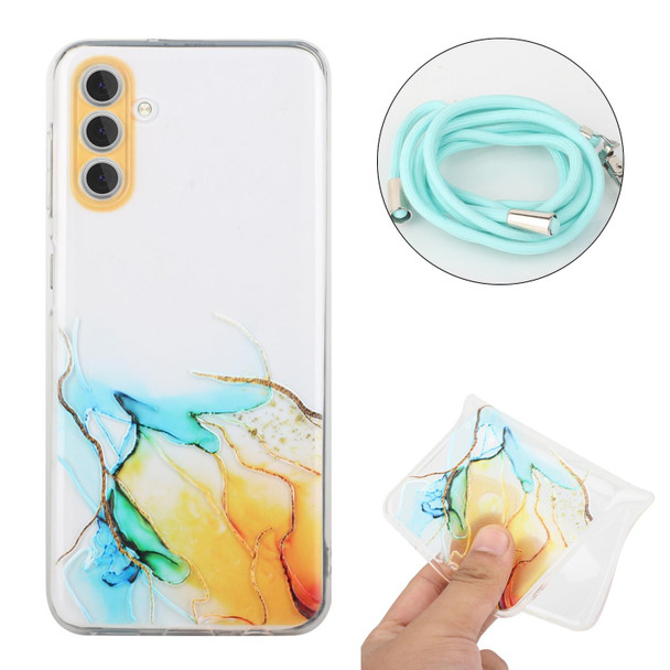 For Samsung Galaxy A34 5G Hollow Marble Pattern TPU Shockproof Phone Case with Neck Strap Rope(Yellow)