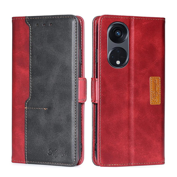 For OPPO Reno8 T 5G/A1 Pro 5G Contrast Color Side Buckle Leatherette Phone Case(Red + Black)