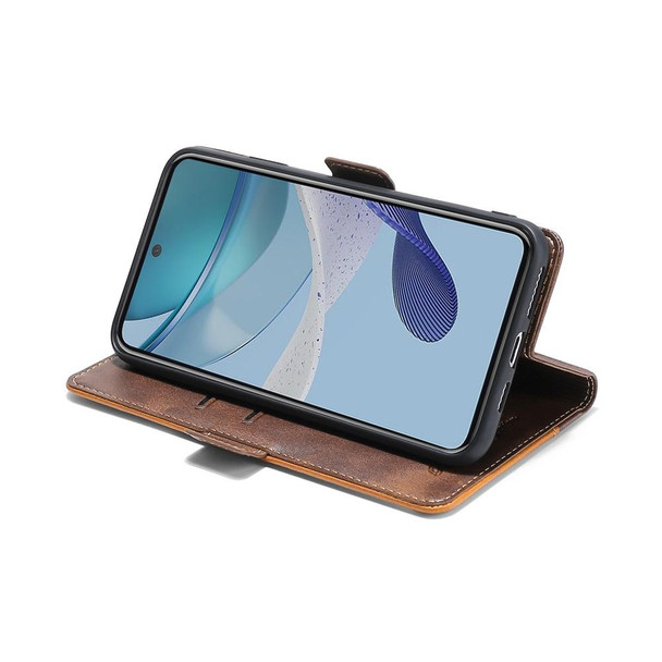 For OPPO Reno8 T 4G Contrast Color Side Buckle Leatherette Phone Case(Dark Brown + Gold)