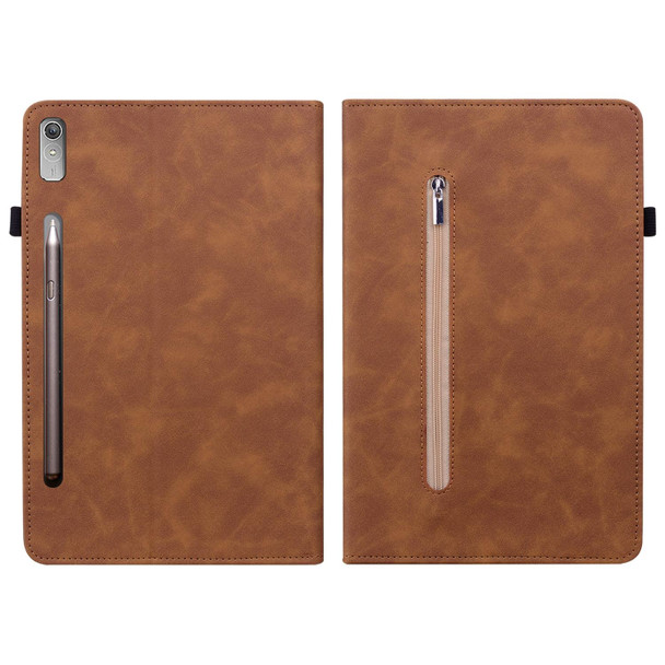 For Lenovo Tab P11 Pro Gen 2 11.2 Skin Feel Solid Color Zipper Leatherette Tablet Case(Brown)