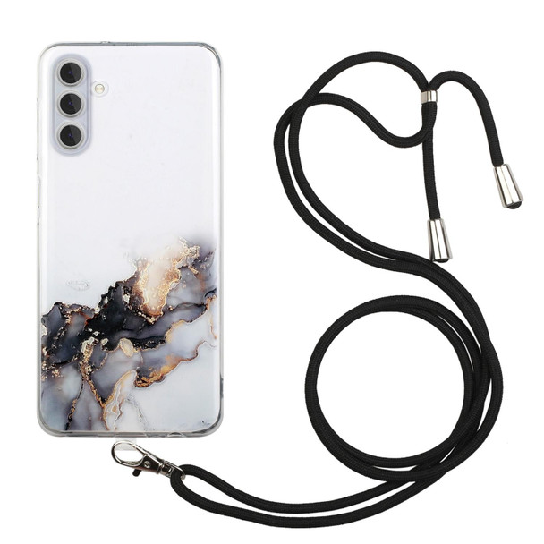 For Samsung Galaxy A14 5G / 4G Hollow Marble Pattern TPU Phone Case with Neck Strap Rope(Black)