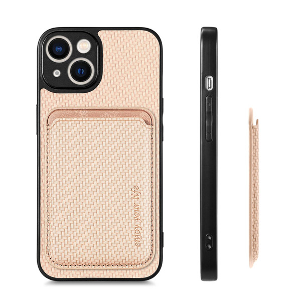 For iPhone 13 mini Carbon Fiber Leatherette Card Magsafe Magnetic Phone Case(Khaki)