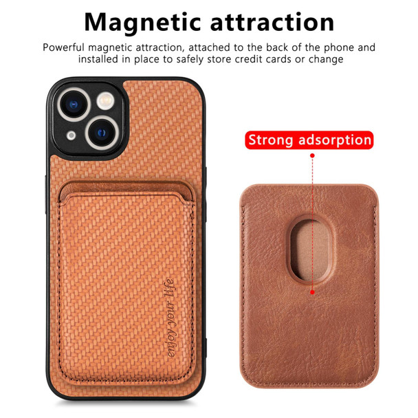 For iPhone 13 mini Carbon Fiber Leatherette Card Magsafe Magnetic Phone Case(Brown)