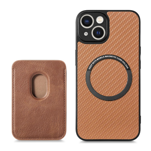 For iPhone 13 mini Carbon Fiber Leatherette Card Magsafe Magnetic Phone Case(Brown)