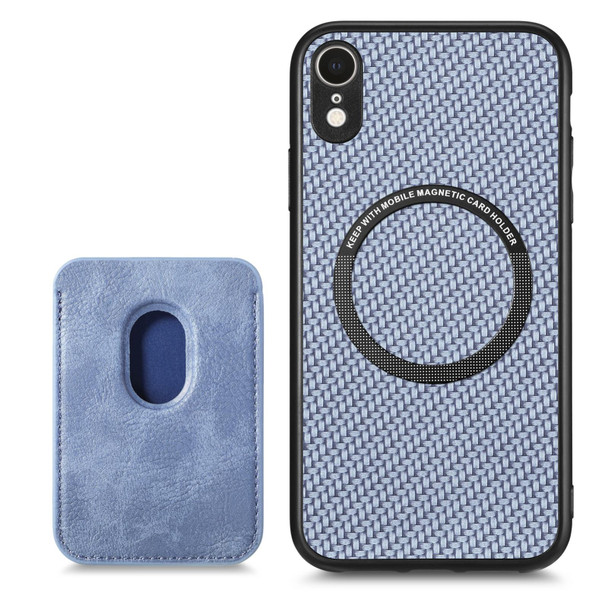 For iPhone  XR Carbon Fiber Leatherette Card Magsafe Magnetic Phone Case(Blue)