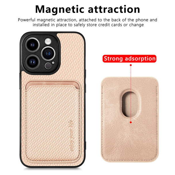 For iPhone 13 Pro Carbon Fiber Leatherette Card Magsafe Magnetic Phone Case(Khaki)