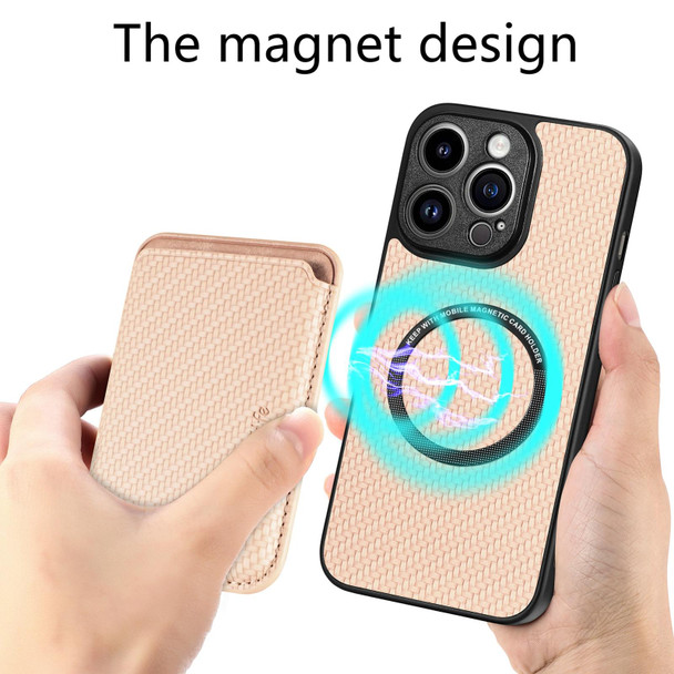 For iPhone 13 Pro Carbon Fiber Leatherette Card Magsafe Magnetic Phone Case(Khaki)