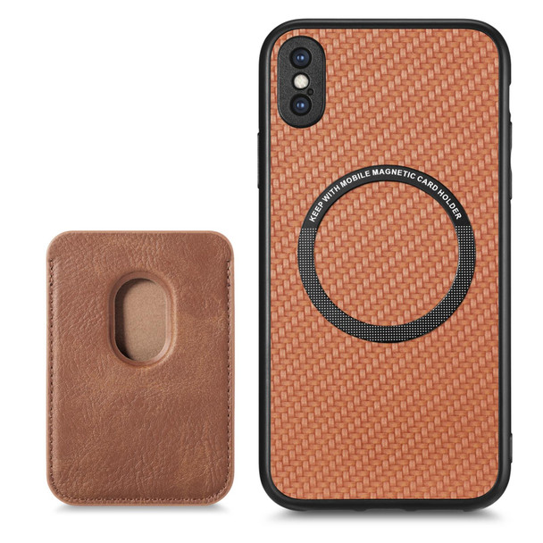 For iPhone X / XS Carbon Fiber Leatherette Card Magsafe Magnetic Phone Case(Brown)