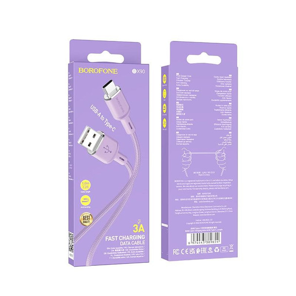 Borofone BX90 USB to Type-C Cyber 3A Charging Data Cable, Length:1m(Purple)