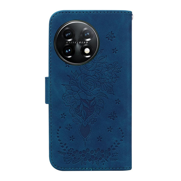 For OnePlus 11 Butterfly Rose Embossed Leatherette Phone Case(Blue)