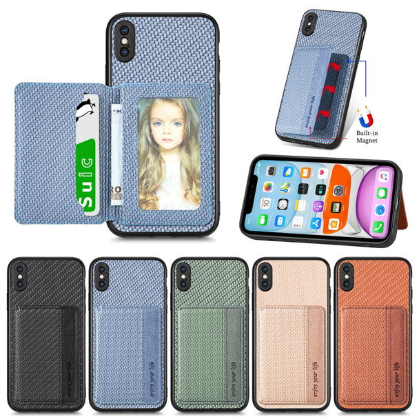 For iPhone X / XS Carbon Fiber Magnetic Card Bag Phone Case(Green)