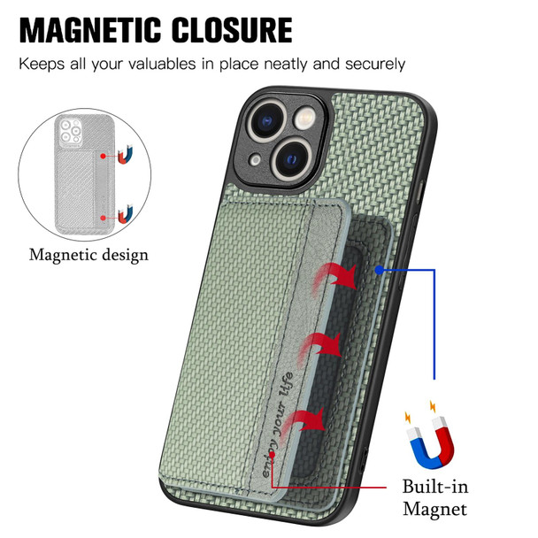 For iPhone 13 mini Carbon Fiber Magnetic Card Bag Phone Case(Green)