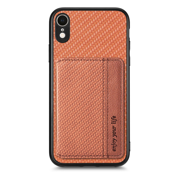 For iPhone XR Carbon Fiber Magnetic Card Bag Phone Case(Brown)