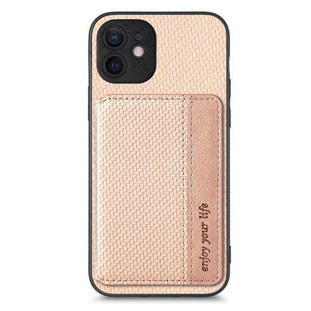 For iPhone 11 Carbon Fiber Magnetic Card Bag Phone Case(Khaki)